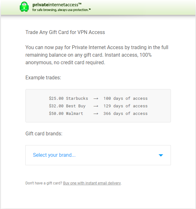 PIA gift card payment page