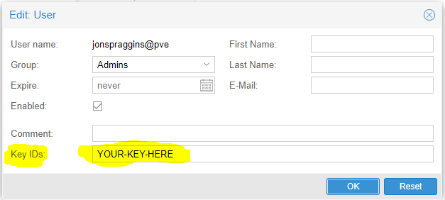 PVE user KeyID field